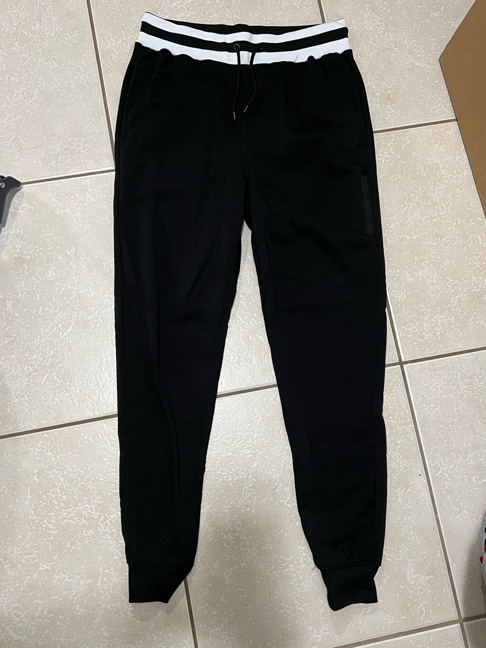 Men's Black Jogger Pants with White Stripe Waistband